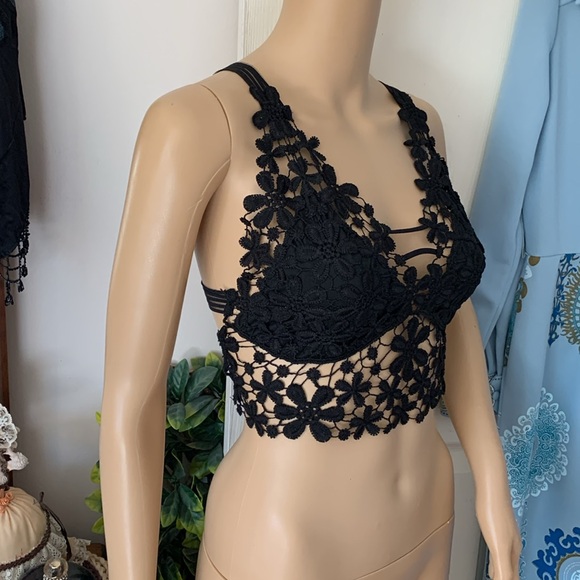 Black lace bra top crop bustier bralette flower cami - Picture 6 of 12